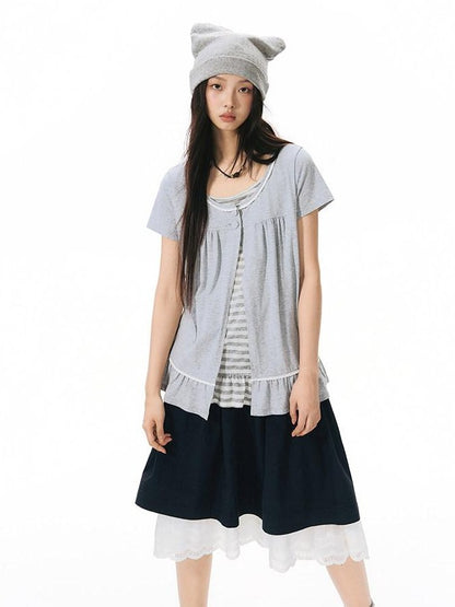 NAPSNAPS Gray Ruffle Spliced Faux Two Piece Women&