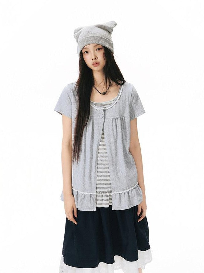 NAPSNAPS Gray Ruffle Spliced Faux Two Piece Women&
