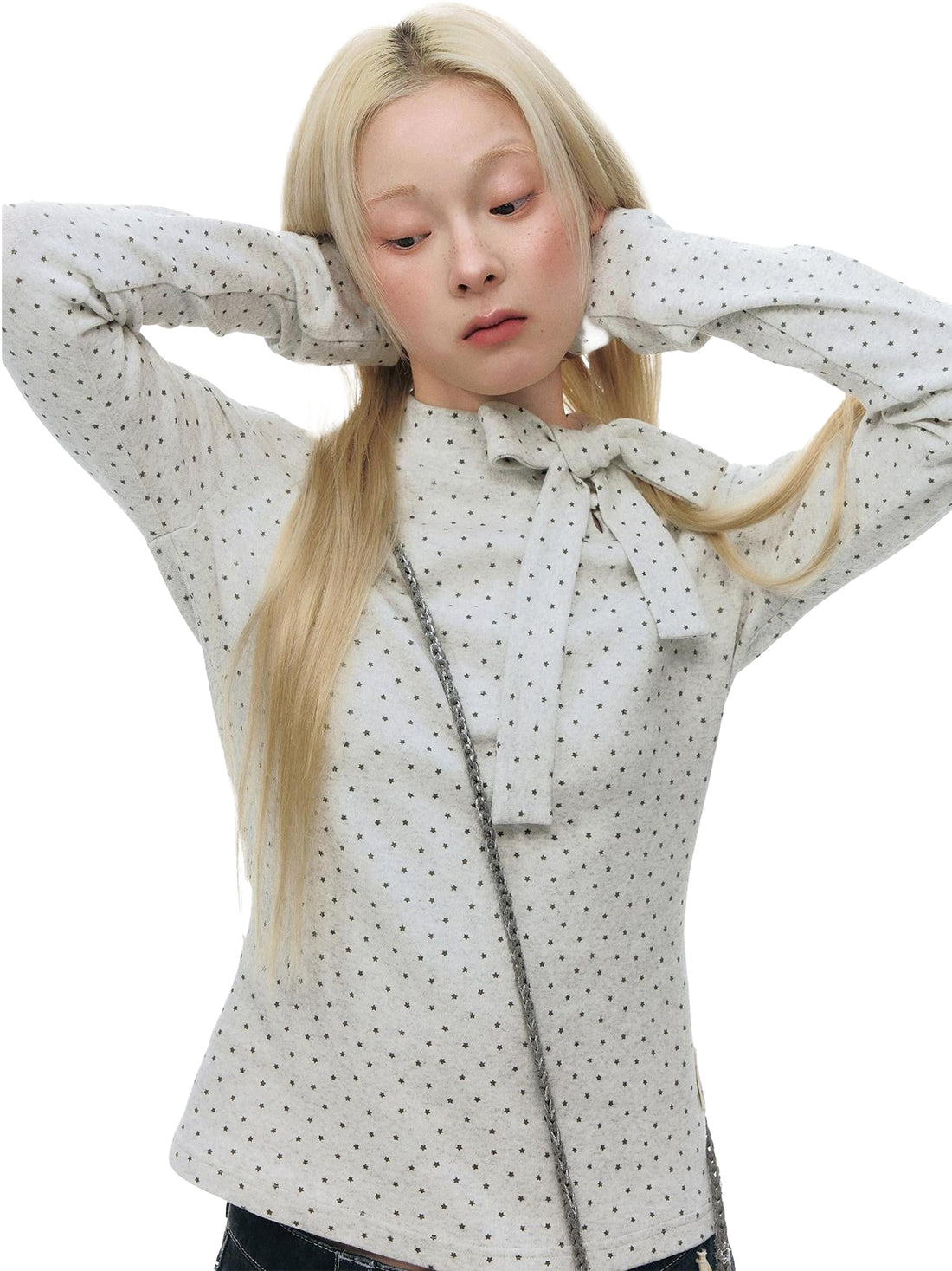 NAPSNAPS Gray Star Tie Button Stand Collar Slim Women&