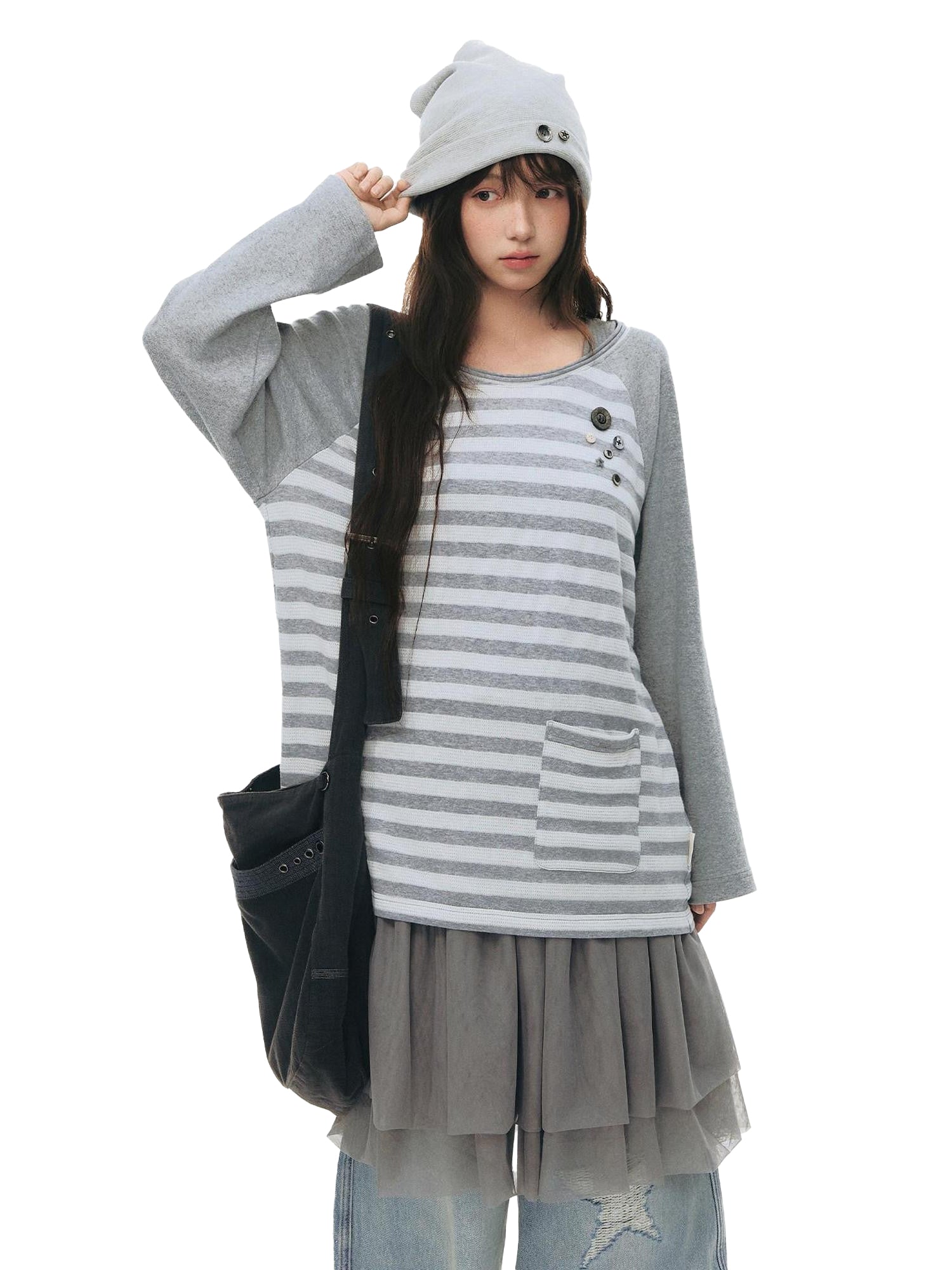 NAPSNAPS Gray Striped Button Raglan Pocket Women&