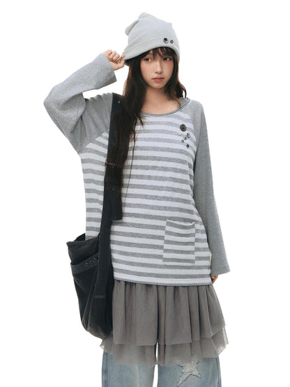 NAPSNAPS Gray Striped Button Raglan Pocket Women&