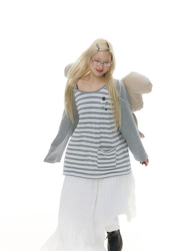 NAPSNAPS Gray Striped Button Raglan Pocket Women&