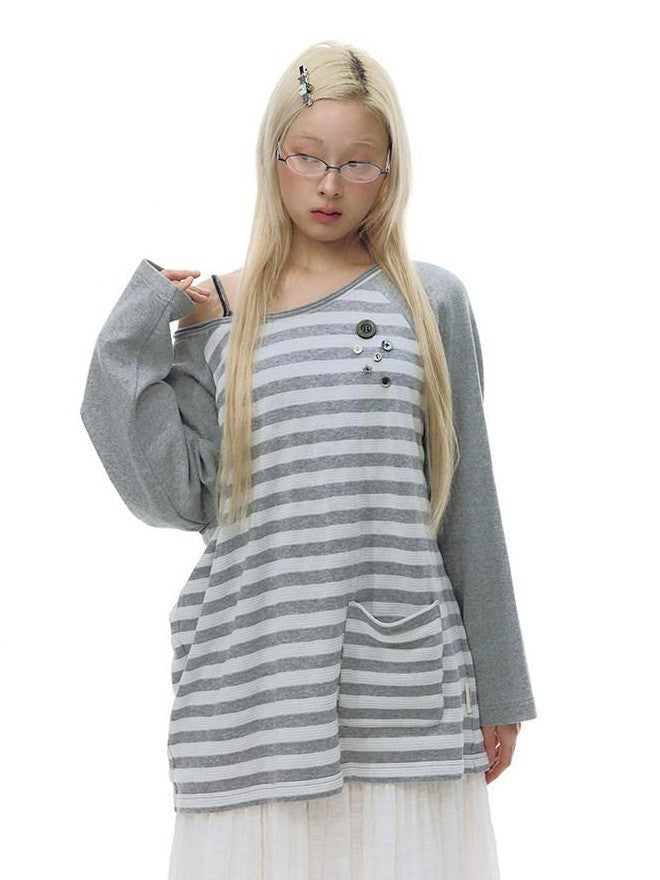NAPSNAPS Gray Striped Button Raglan Pocket Women&