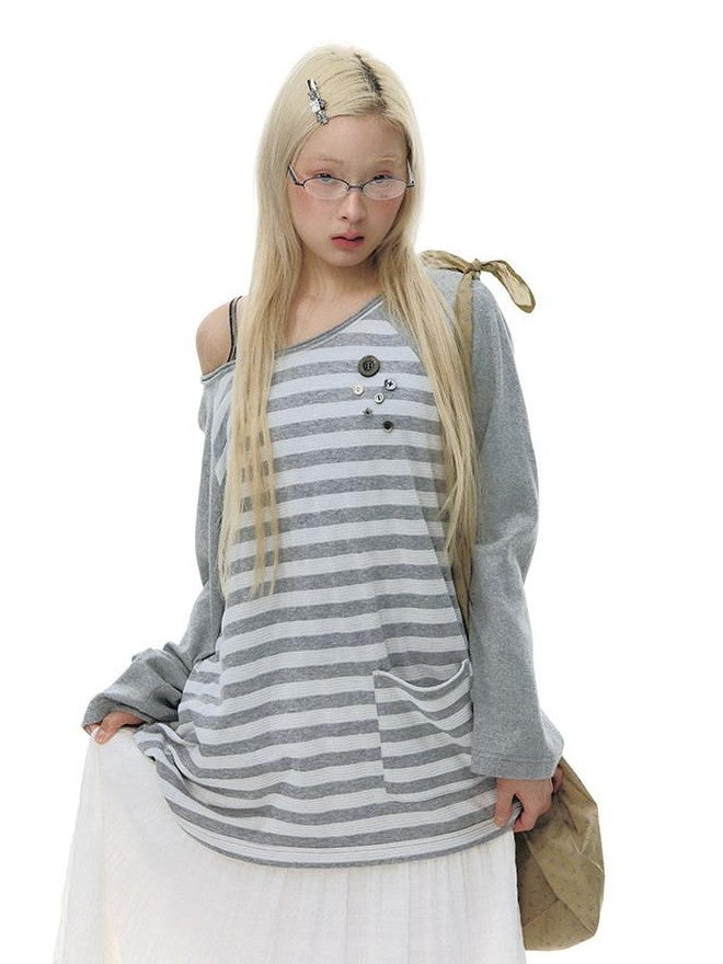 NAPSNAPS Gray Striped Button Raglan Pocket Women&
