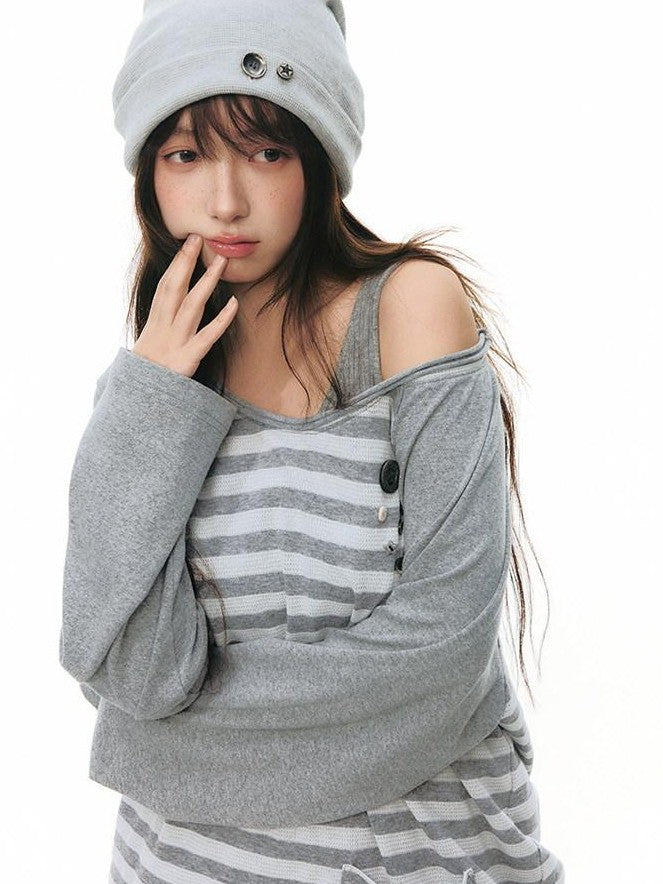 NAPSNAPS Gray Striped Button Raglan Pocket Women&