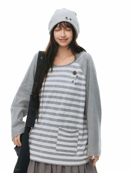 NAPSNAPS Gray Striped Button Raglan Pocket Women&