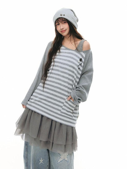 NAPSNAPS Gray Striped Button Raglan Pocket Women&