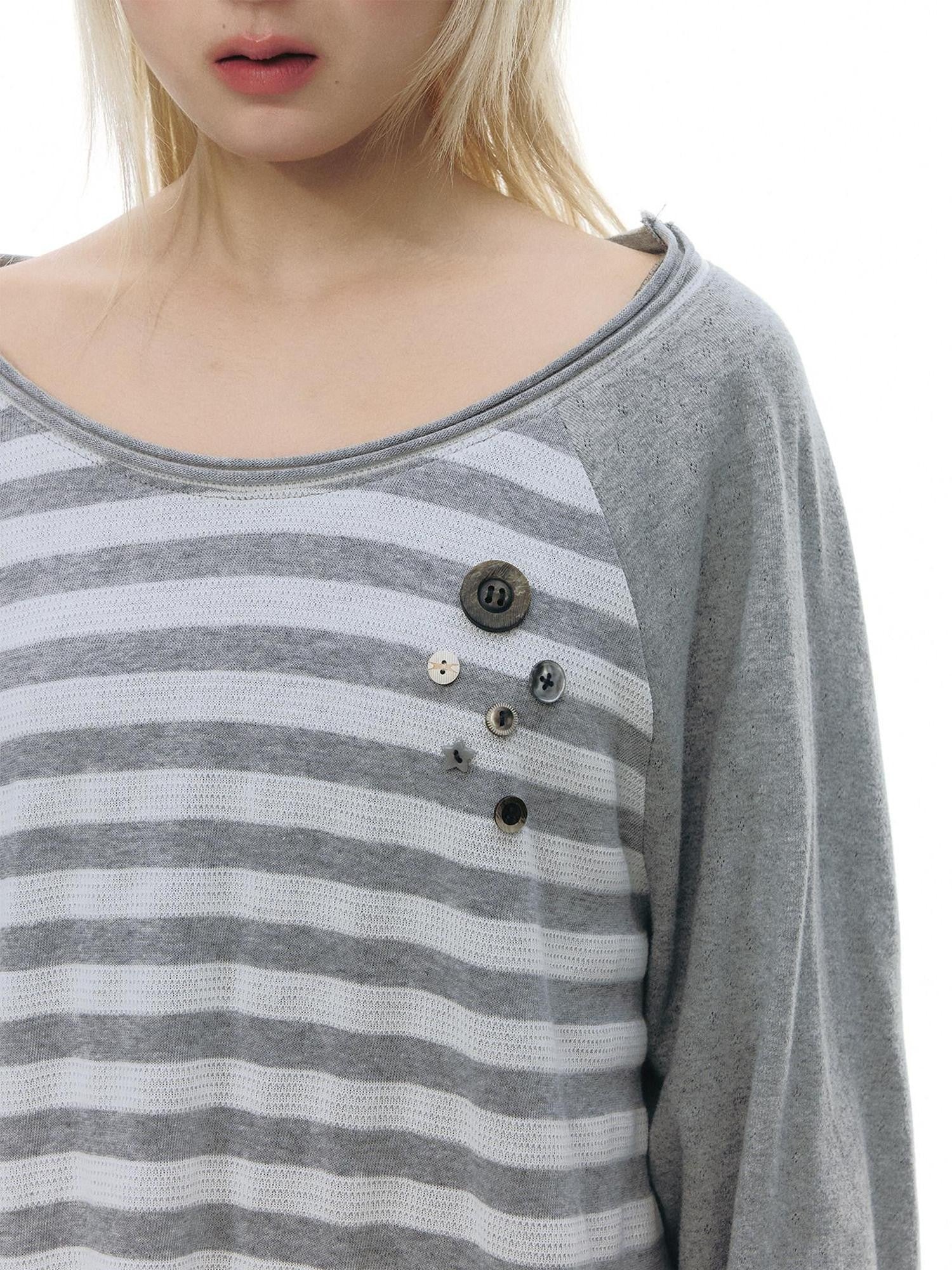 NAPSNAPS Gray Striped Button Raglan Pocket Women&