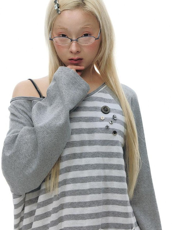 NAPSNAPS Gray Striped Button Raglan Pocket Women&