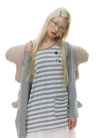 NAPSNAPS Gray Striped Button Raglan Pocket Women&