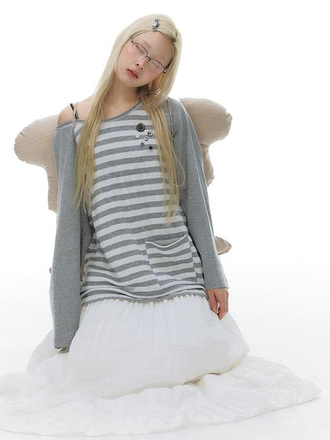 NAPSNAPS Gray Striped Button Raglan Pocket Women&