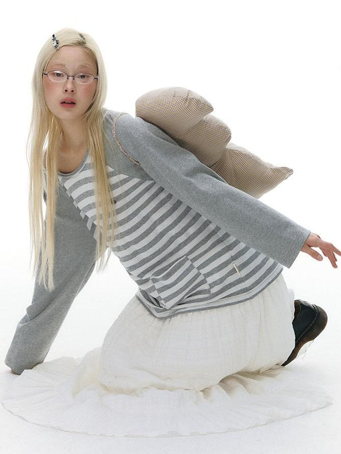 NAPSNAPS Gray Striped Button Raglan Pocket Women&