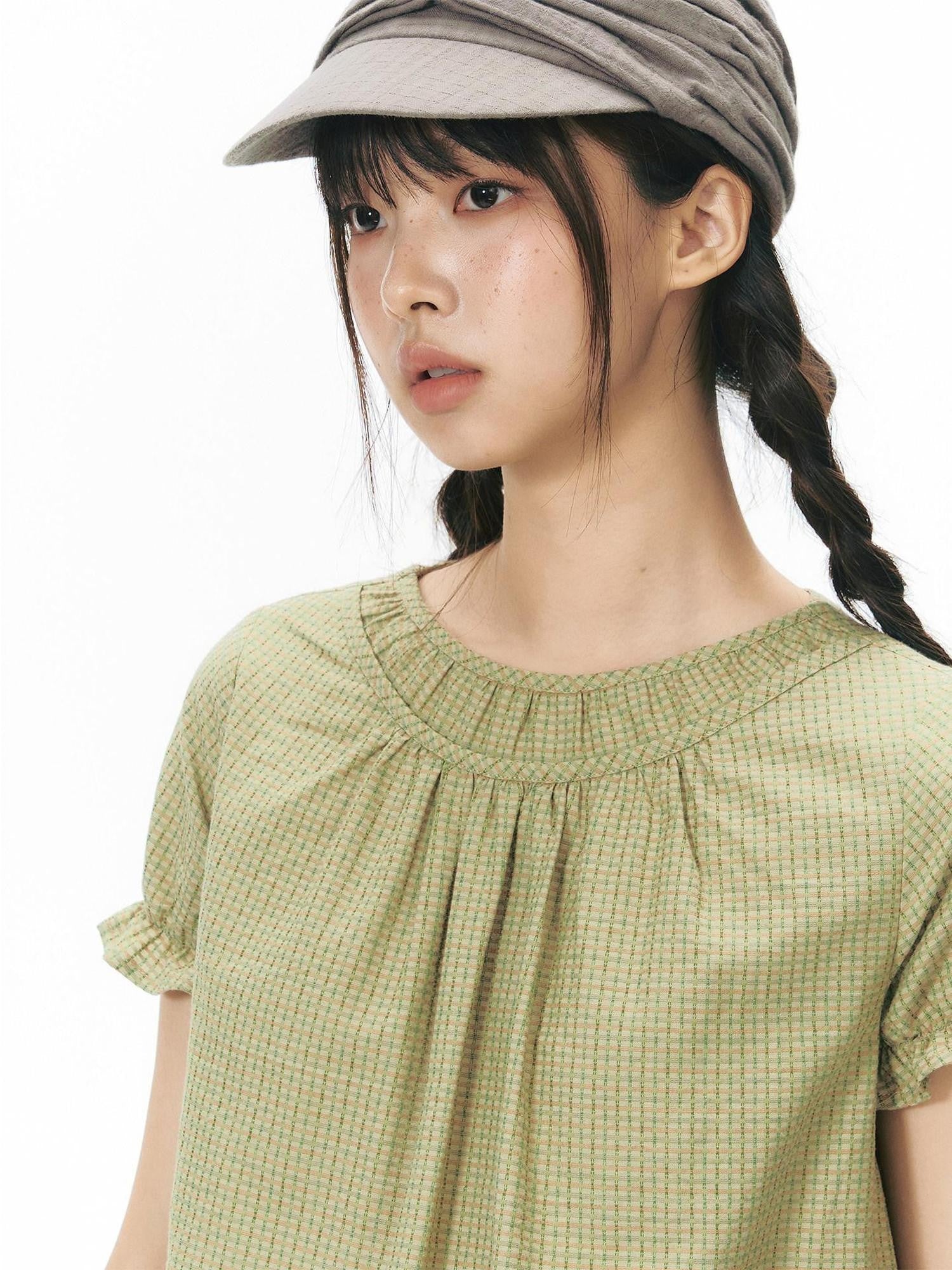 NAPSNAPS Green Check Puff Sleeve Patch Pocket Women&