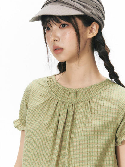NAPSNAPS Green Check Puff Sleeve Patch Pocket Women&