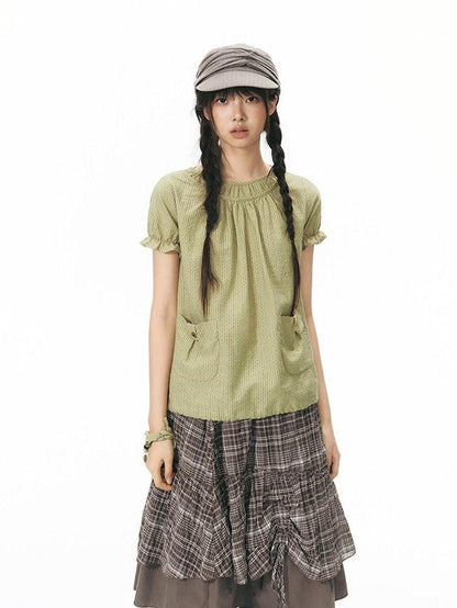 NAPSNAPS Green Check Puff Sleeve Patch Pocket Women&