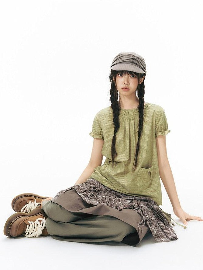 NAPSNAPS Green Check Puff Sleeve Patch Pocket Women&