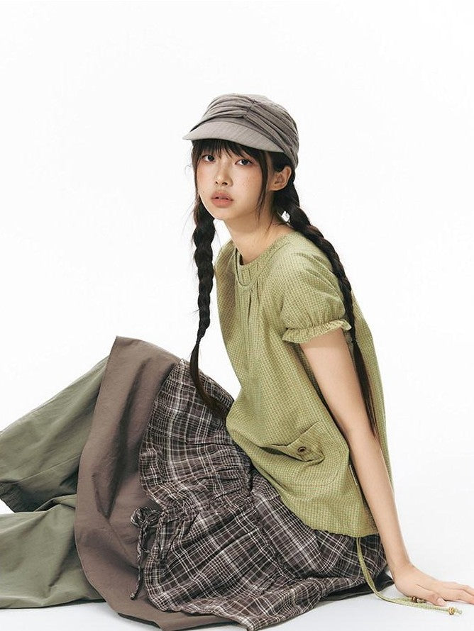 NAPSNAPS Green Check Puff Sleeve Patch Pocket Women&