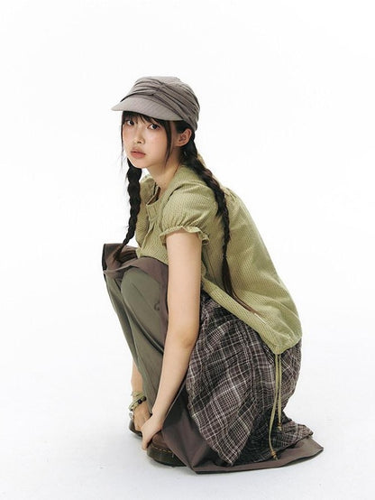 NAPSNAPS Green Check Puff Sleeve Patch Pocket Women&