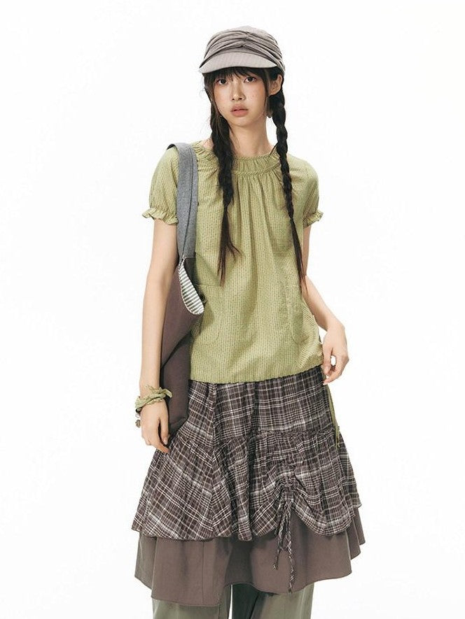 NAPSNAPS Green Check Puff Sleeve Patch Pocket Women&
