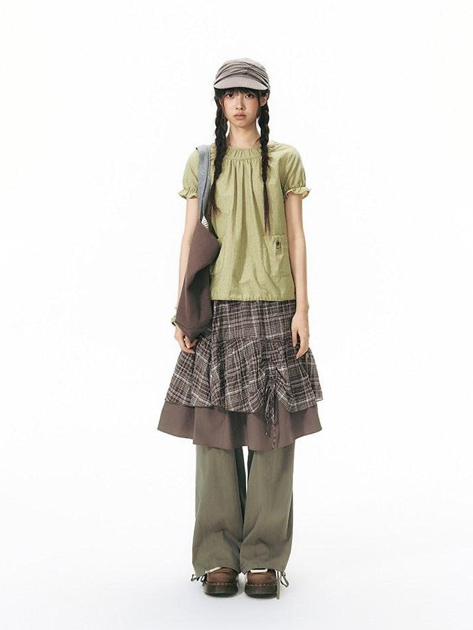 NAPSNAPS Green Check Puff Sleeve Patch Pocket Women&