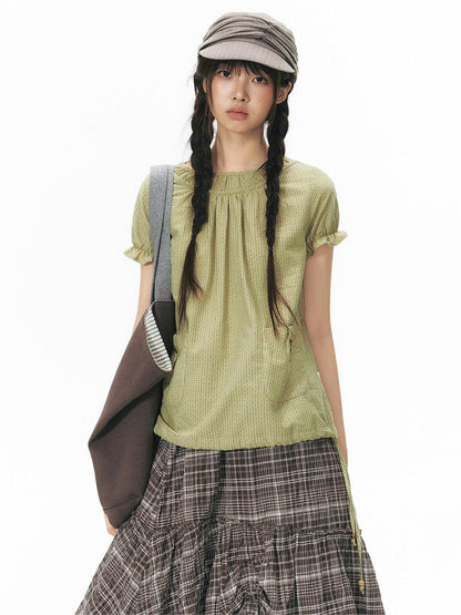 NAPSNAPS Green Check Puff Sleeve Patch Pocket Women&