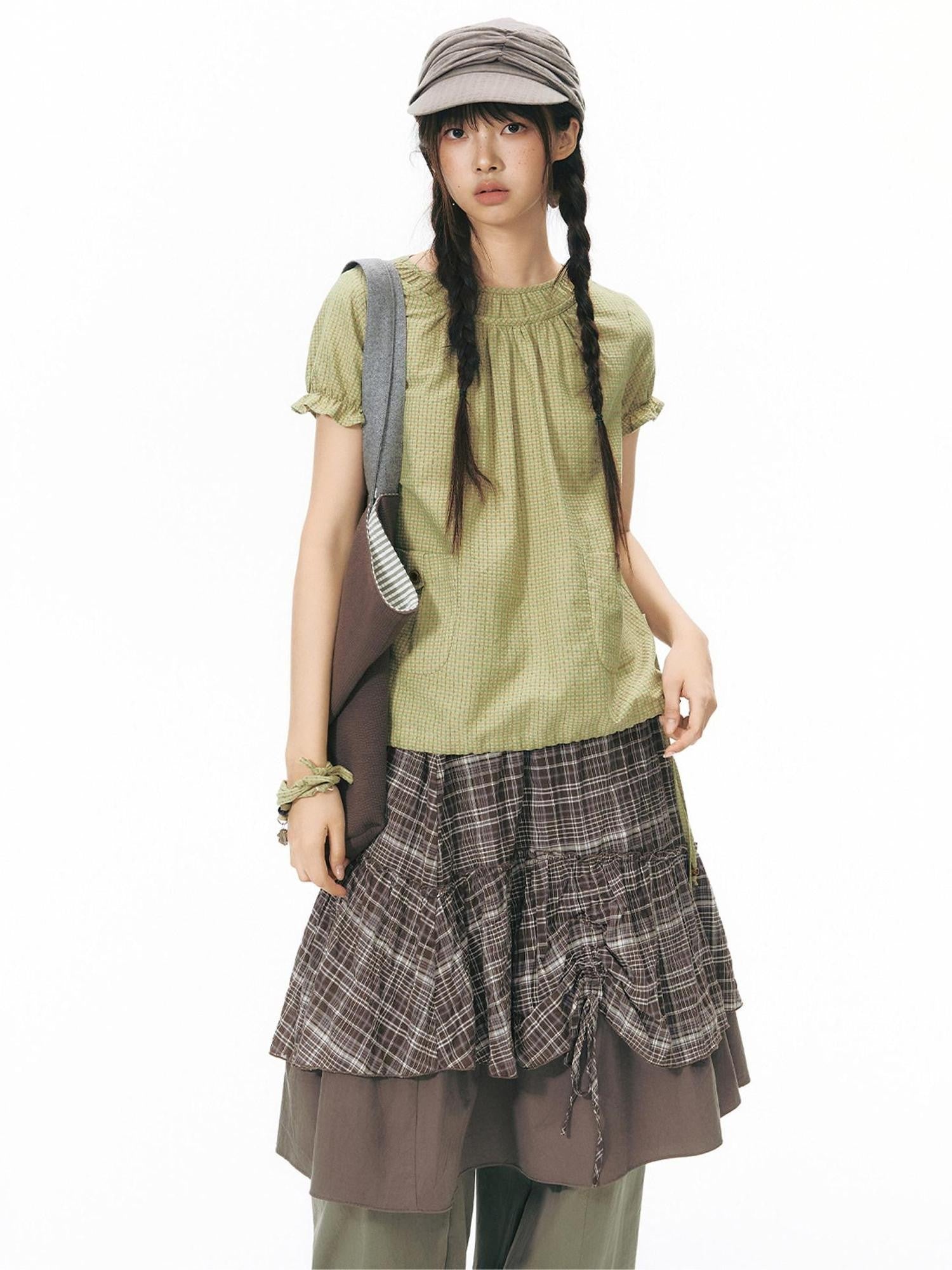 NAPSNAPS Green Check Puff Sleeve Patch Pocket Women&
