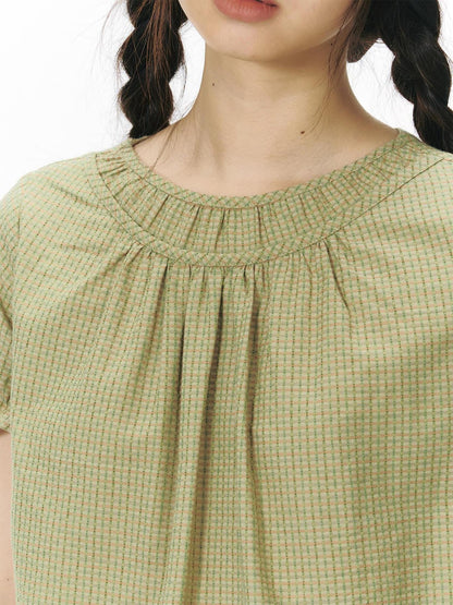 NAPSNAPS Green Check Puff Sleeve Patch Pocket Women&
