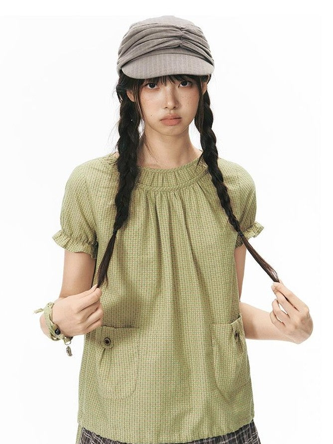 NAPSNAPS Green Check Puff Sleeve Patch Pocket Women&