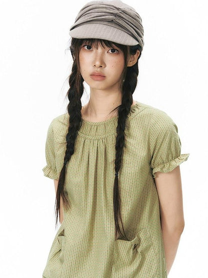 NAPSNAPS Green Check Puff Sleeve Patch Pocket Women&