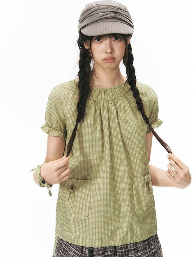 NAPSNAPS Green Check Puff Sleeve Patch Pocket Women&
