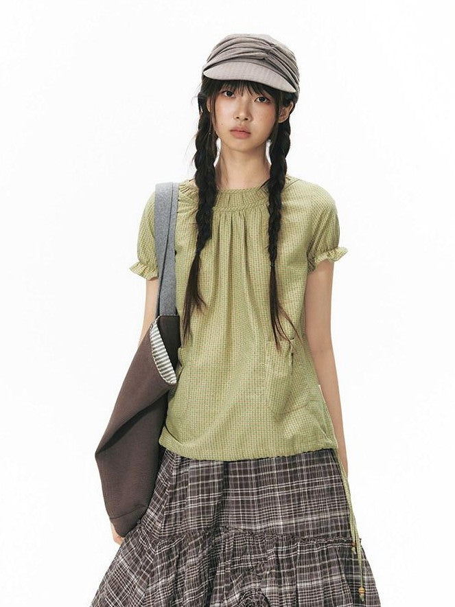 NAPSNAPS Green Check Puff Sleeve Patch Pocket Women&