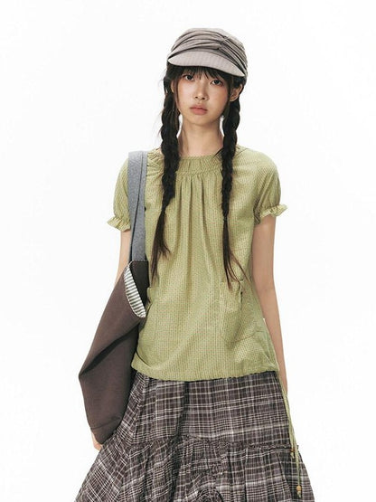 NAPSNAPS Green Check Puff Sleeve Patch Pocket Women&