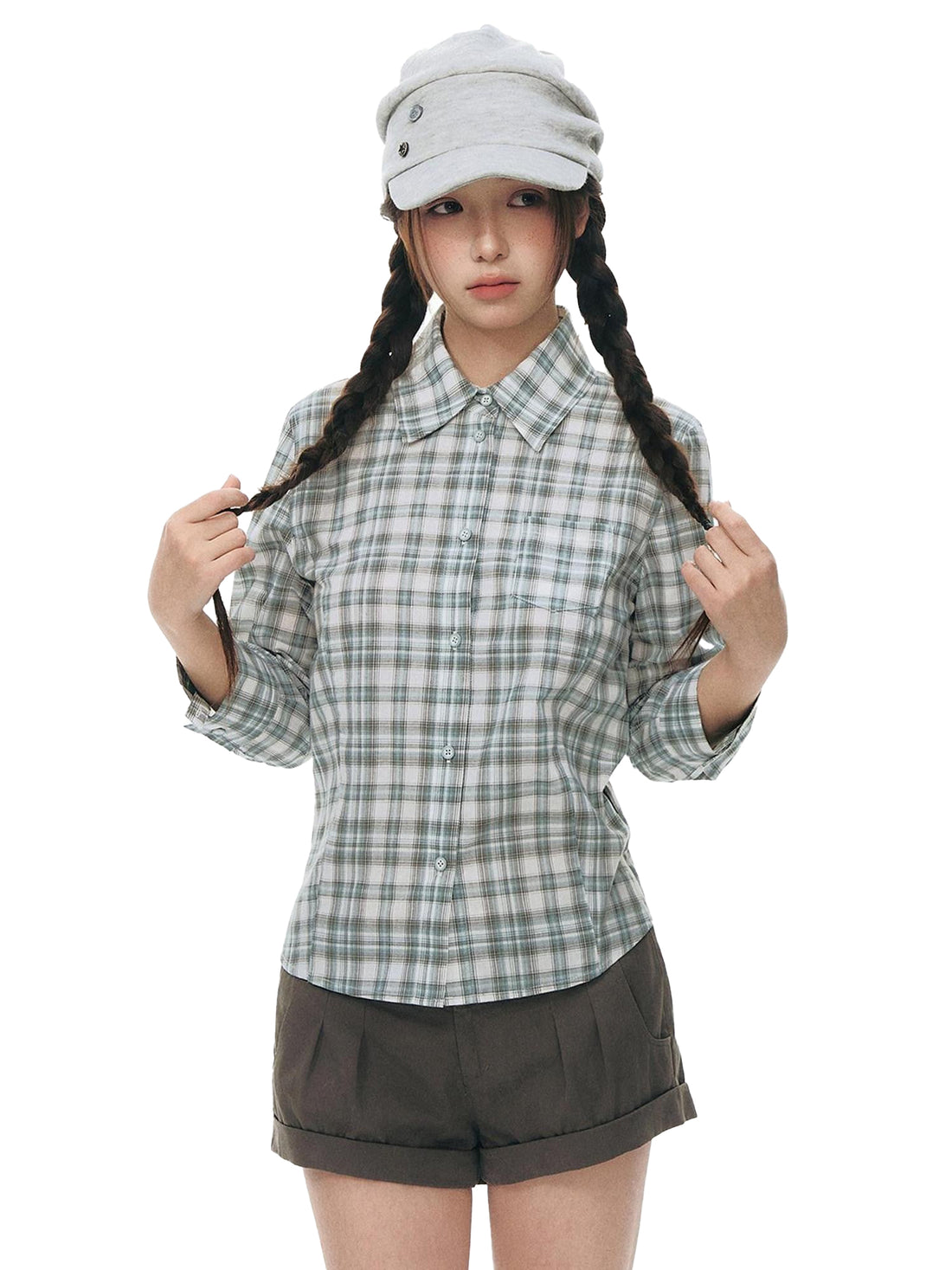 NAPSNAPS Green Plaid Fitted Cinched Waist Button Collar Women&