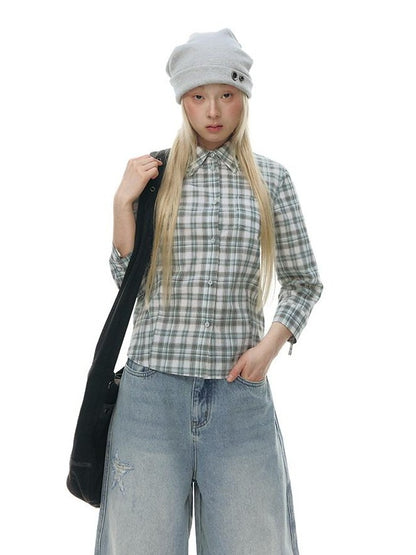 NAPSNAPS Green Plaid Fitted Cinched Waist Button Collar Women&