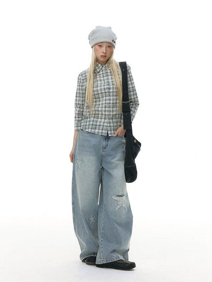NAPSNAPS Green Plaid Fitted Cinched Waist Button Collar Women&