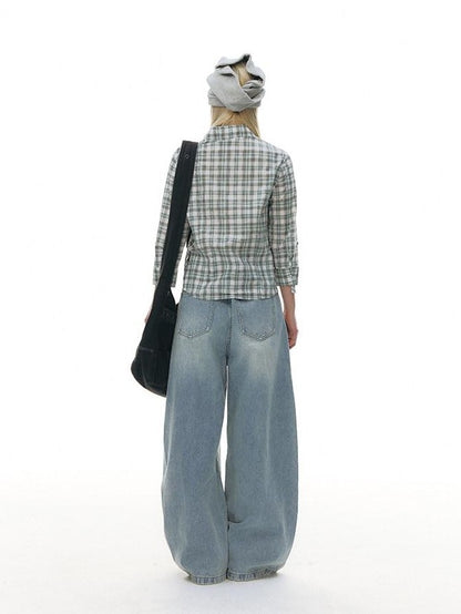 NAPSNAPS Green Plaid Fitted Cinched Waist Button Collar Women&