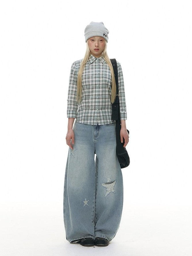 NAPSNAPS Green Plaid Fitted Cinched Waist Button Collar Women&