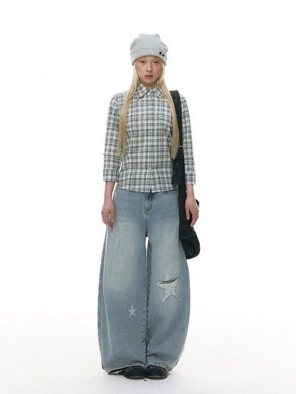 NAPSNAPS Green Plaid Fitted Cinched Waist Button Collar Women&