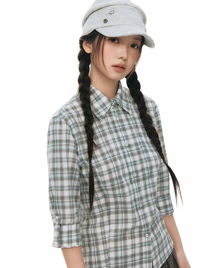 NAPSNAPS Green Plaid Fitted Cinched Waist Button Collar Women&