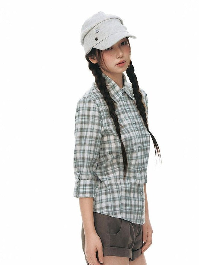 NAPSNAPS Green Plaid Fitted Cinched Waist Button Collar Women&