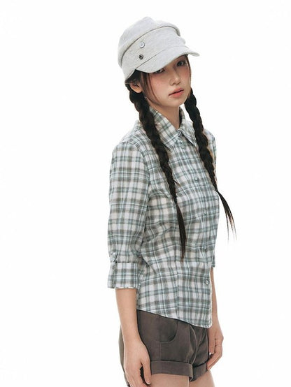 NAPSNAPS Green Plaid Fitted Cinched Waist Button Collar Women&