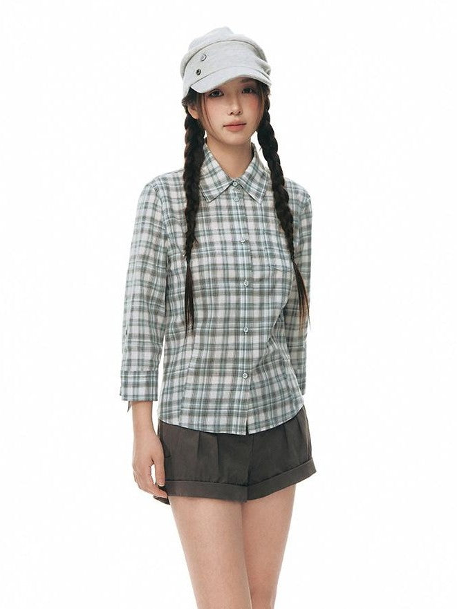 NAPSNAPS Green Plaid Fitted Cinched Waist Button Collar Women&