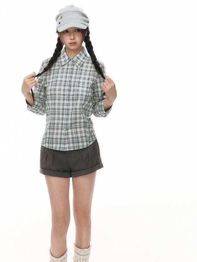 NAPSNAPS Green Plaid Fitted Cinched Waist Button Collar Women&