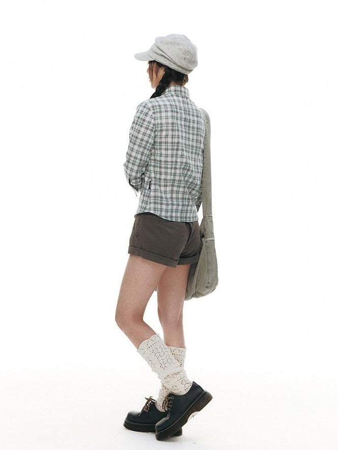 NAPSNAPS Green Plaid Fitted Cinched Waist Button Collar Women&