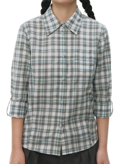 NAPSNAPS Green Plaid Fitted Cinched Waist Button Collar Women&