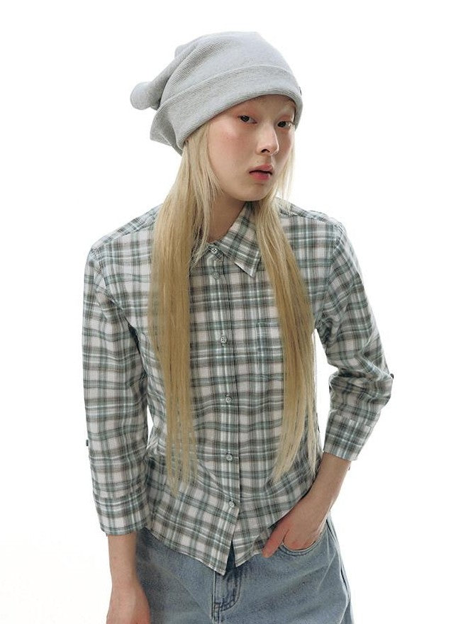NAPSNAPS Green Plaid Fitted Cinched Waist Button Collar Women&