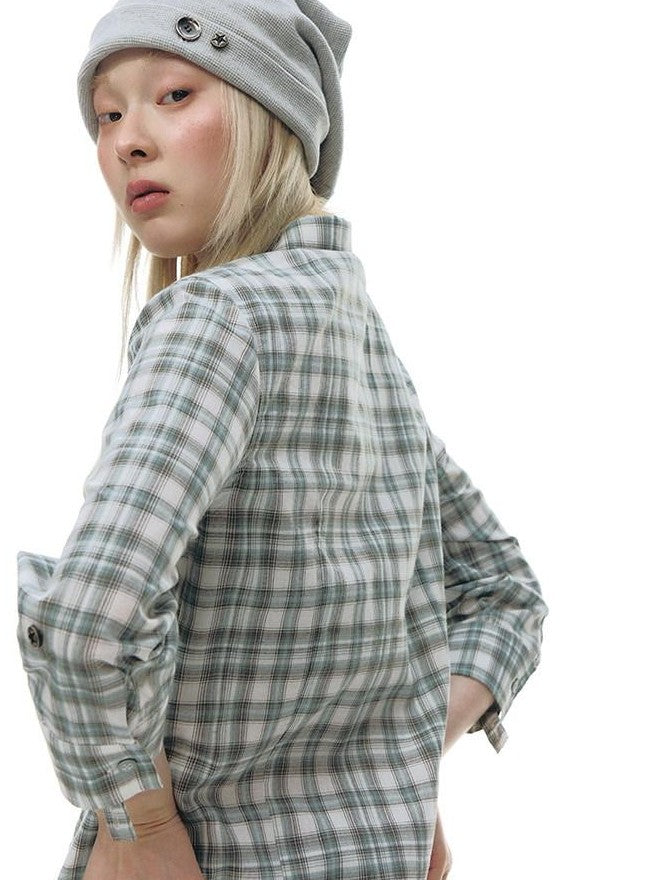 NAPSNAPS Green Plaid Fitted Cinched Waist Button Collar Women&