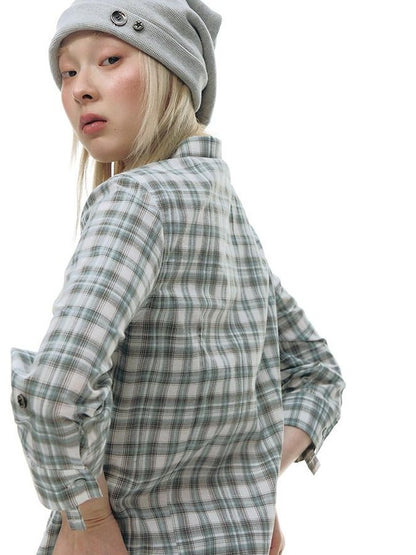 NAPSNAPS Green Plaid Fitted Cinched Waist Button Collar Women&