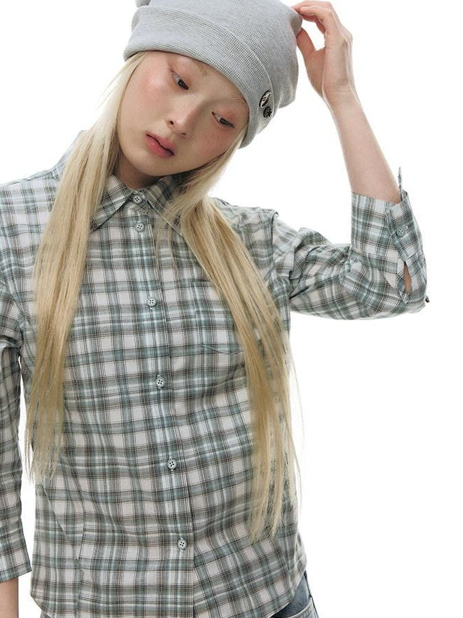 NAPSNAPS Green Plaid Fitted Cinched Waist Button Collar Women&