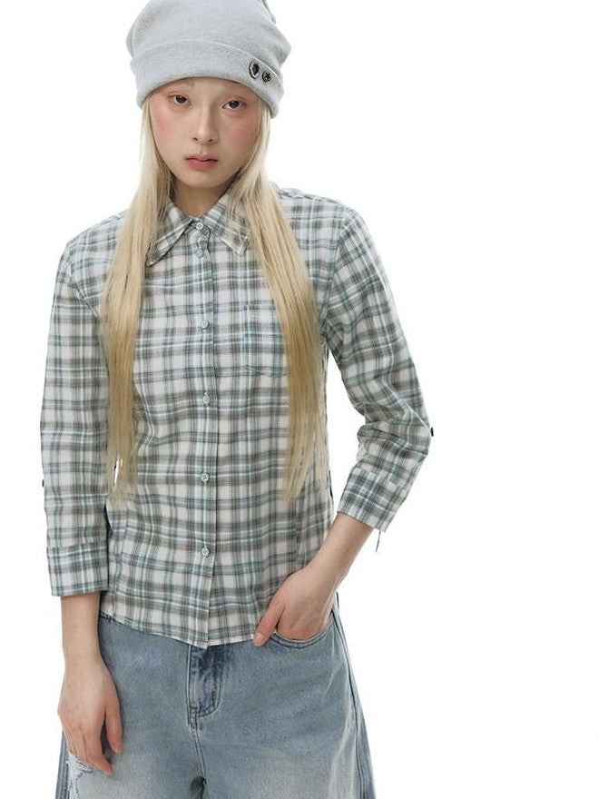 NAPSNAPS Green Plaid Fitted Cinched Waist Button Collar Women&